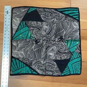 100% Silk 21” Square Abstract Patterned Scarf in Black and Teal